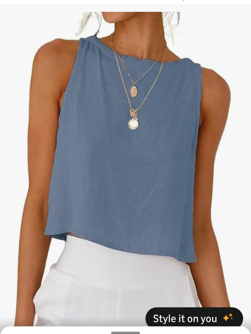 Sleeveless Blue Linen-Blend Crop Top